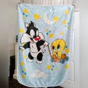 Vintage Baby Looney Tunes Sylvester Tweety Bird 1999 Plush Blanket 42 X 32 Blue